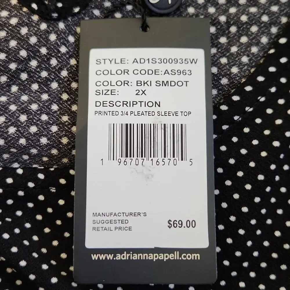 Adrianna Papell Womens Polka-dot Blouse Size 2X Keyhole Back 3/4 Sleeves Stretch